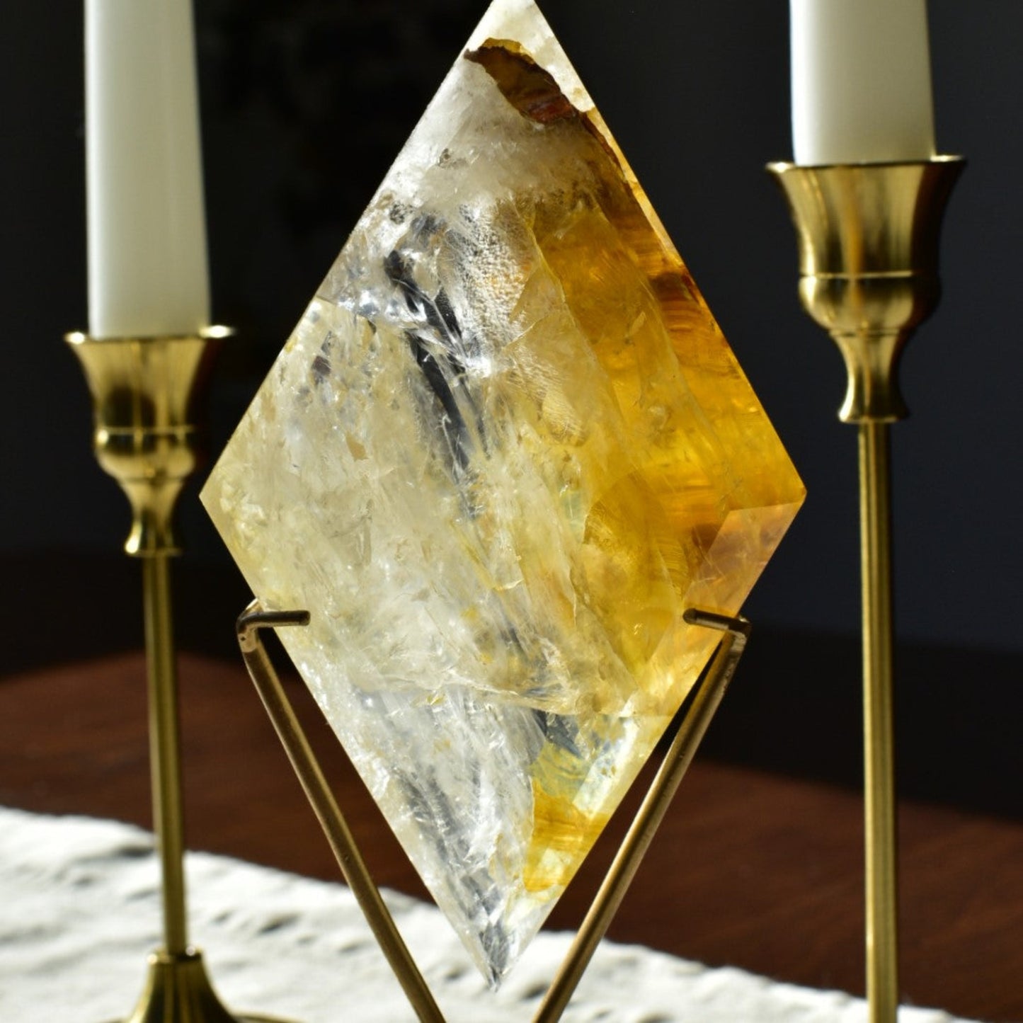 Golden Healer Quartz Diamond on Custom Gold Stand