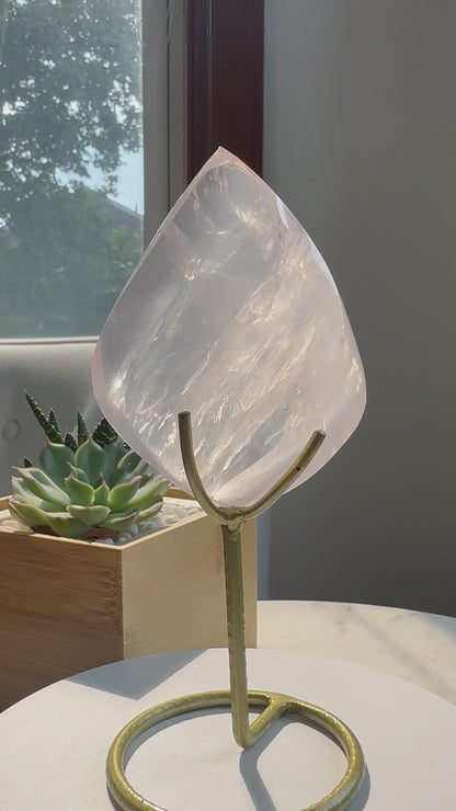 Girasol Rose Quartz Flame with Custom Gold Stand