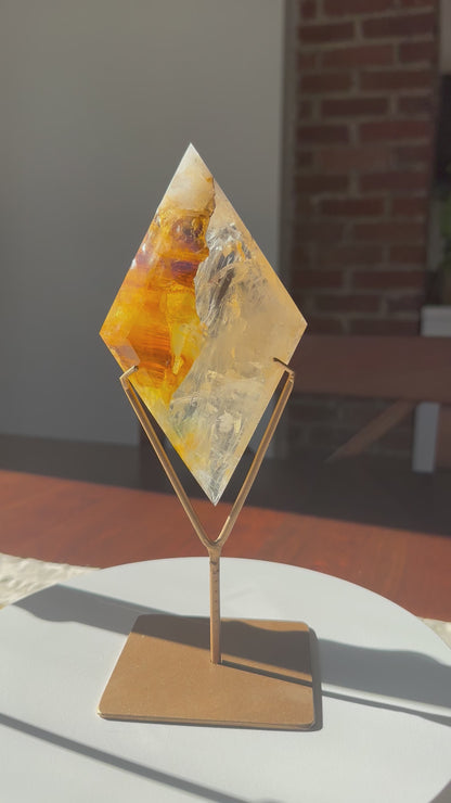 Golden Healer Quartz Diamond on Custom Gold Stand